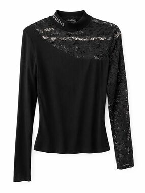 Bebe Black Lace Rhinestone Logo Top Mock Neck Y2K Goth Festival M NWT